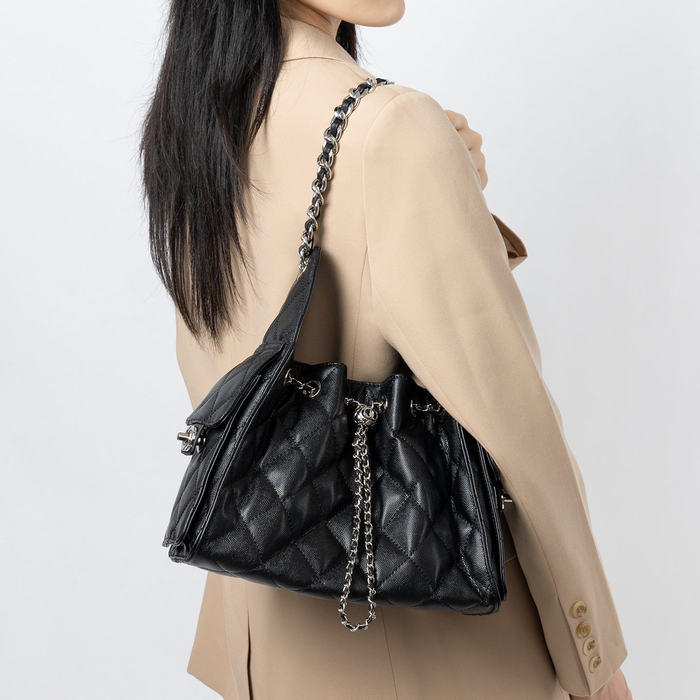 Quilted Genuine Leather Shoulder Bucket Bag