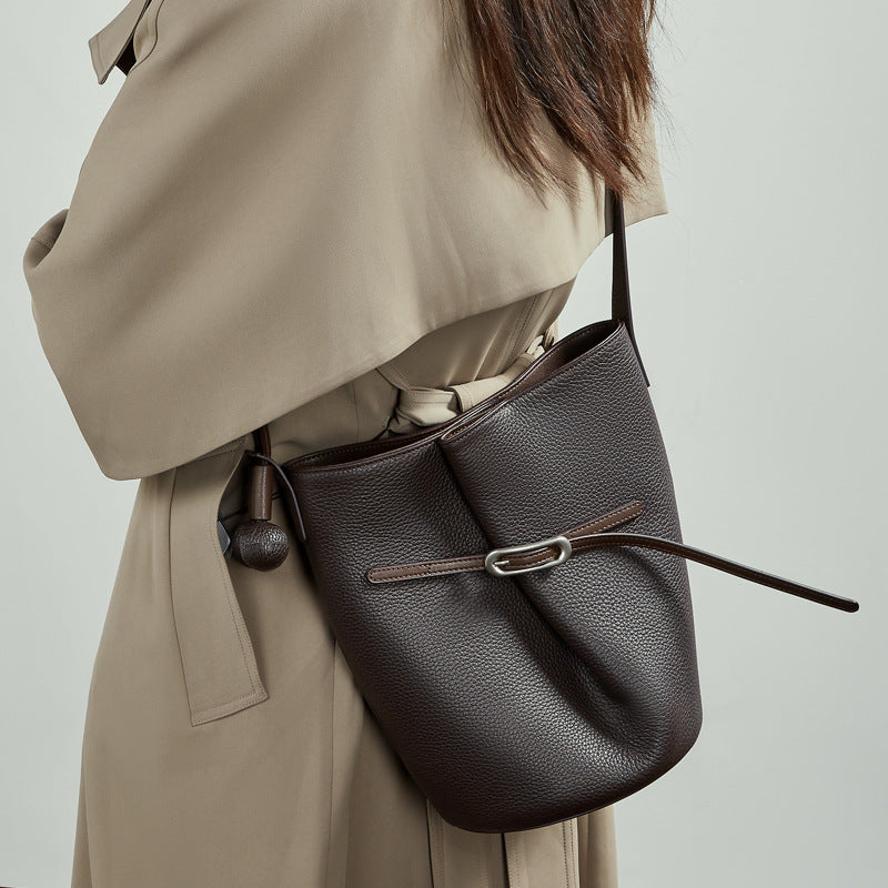 Genuine Leather Shoulder Crossbody Bucket Bag for Work