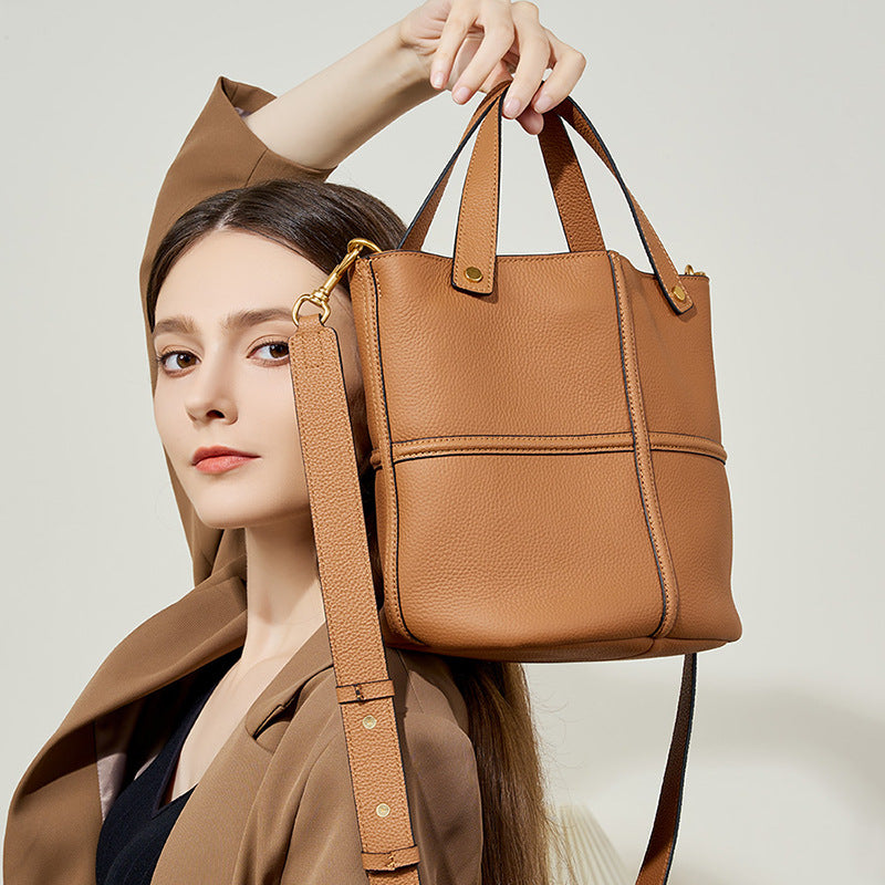 Elegant Genuine Leather Shoulder Crossbody Bucket Bag