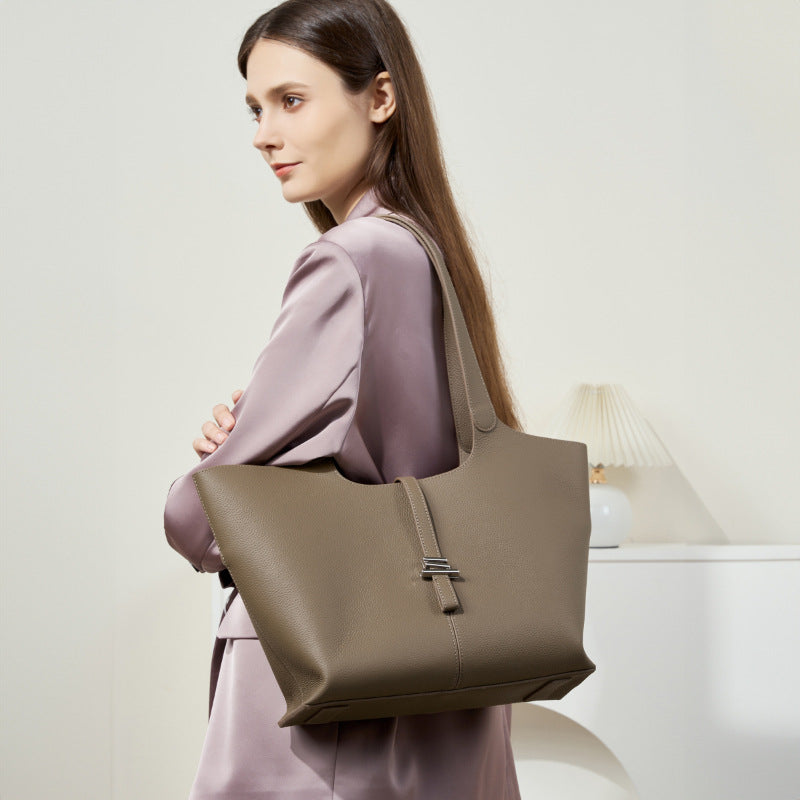 Commuter Genuine Leather Tote Bag With Top Handles And Shoulder Strap