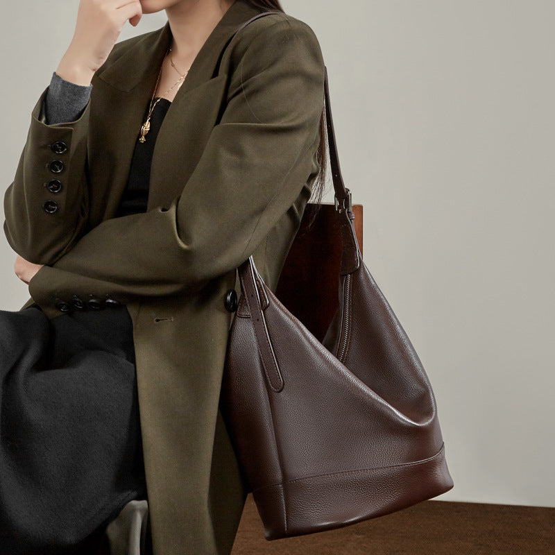 Genuine Leather Large Capacity Crossbody Bucket Bag