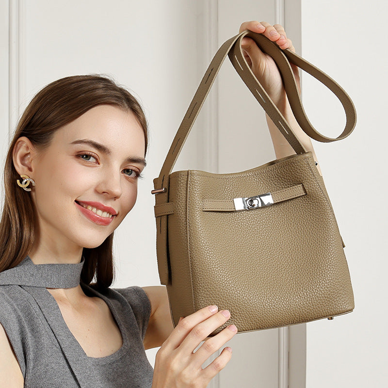 Genuine Leather Top-Handle Crossbody Bucket Bag