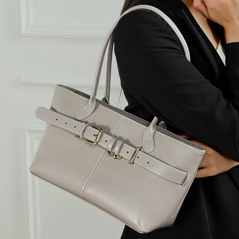 Genuine Leather Buckle Top-Handle Tote Bag