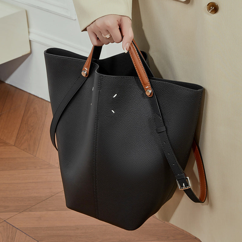 Commuter Genuine Leather Shoulder Top Handle Bucket Bag