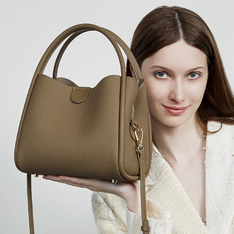 Genuine Leather Top-Handle Crossbody Bucket Bag