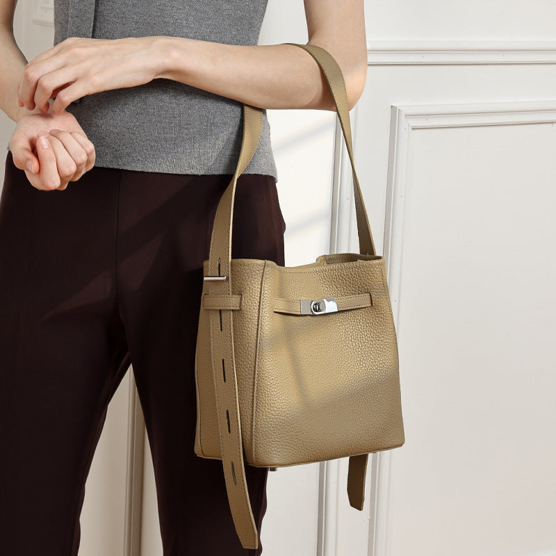Genuine Leather Top-Handle Crossbody Bucket Bag