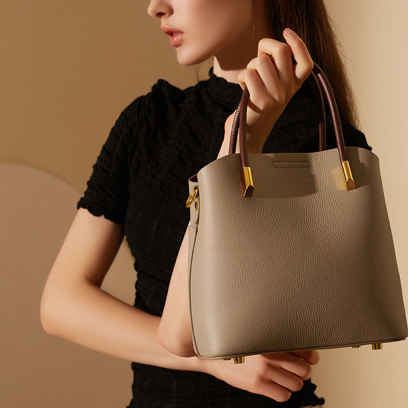 Vintage Genuine Leather Crossbody Bucket Bag With Top Handles
