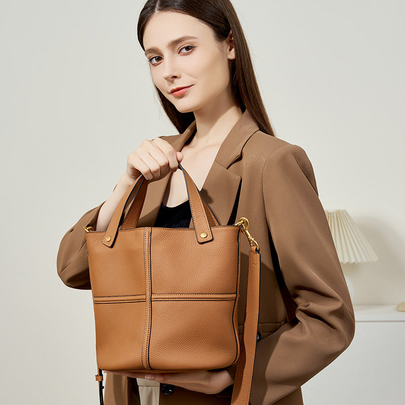 Elegant Genuine Leather Shoulder Crossbody Bucket Bag