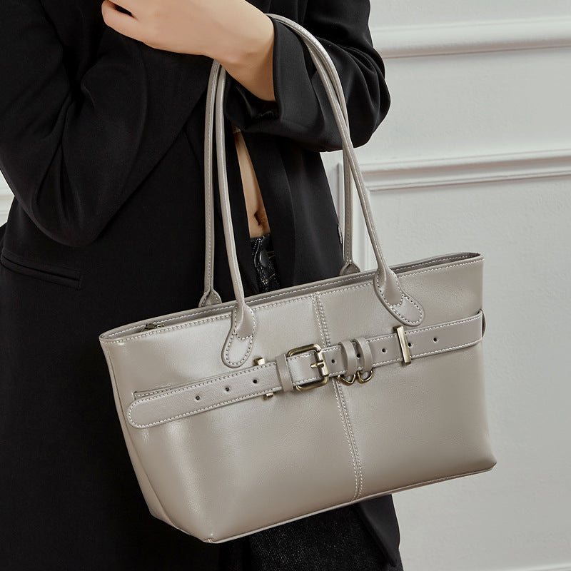 Genuine Leather Buckle Top-Handle Tote Bag