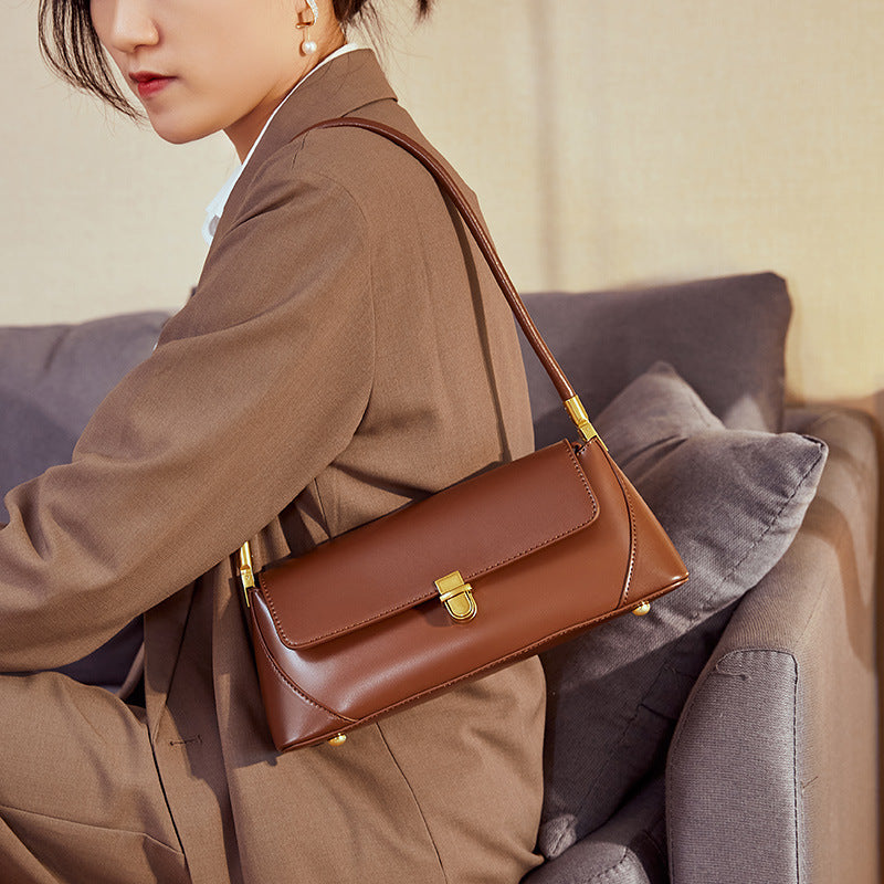 Genuine Leather Top-Handle Crossbody Baguette Bag