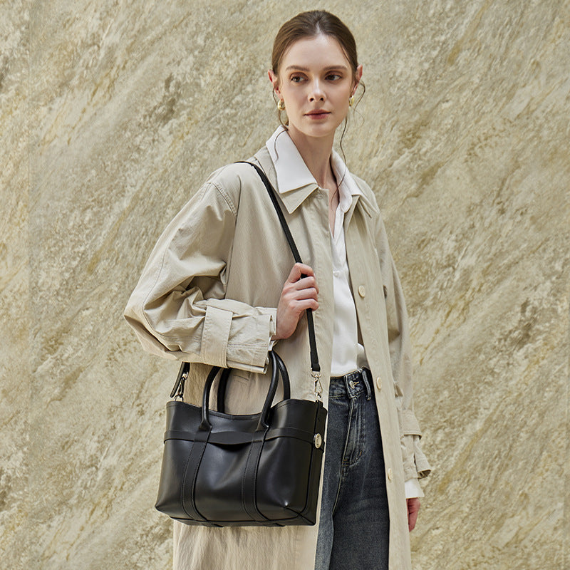 Genuine Leather Top-Handle Crossbody Tote Bag