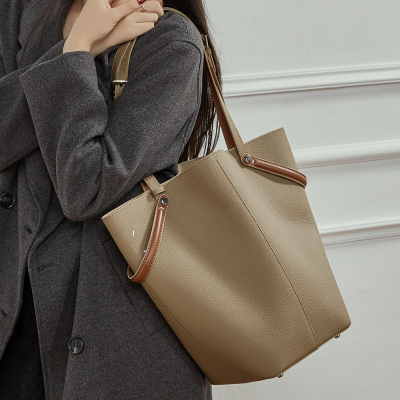 Commuter Genuine Leather Shoulder Top Handle Bucket Bag