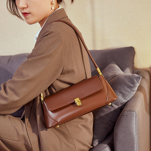French Style Genuine Leather Shoulder Baguette Bag