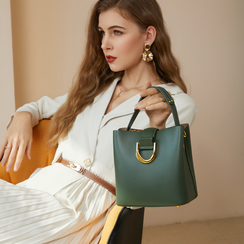 Genuine Leather Crossbody Handheld Bucket Bag