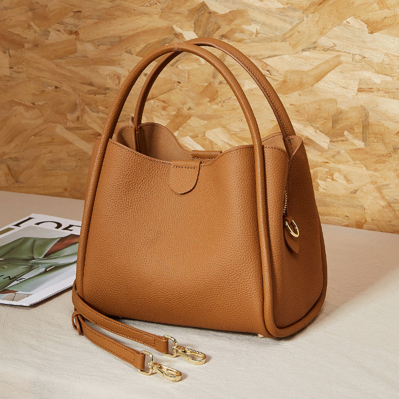 Genuine Leather Top-Handle Crossbody Bucket Bag