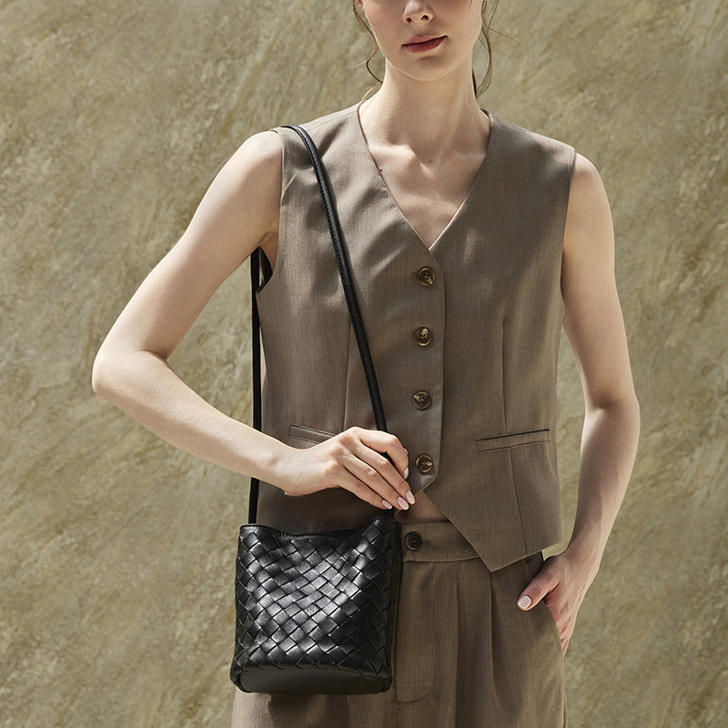 Genuine Leather Shoulder Crossbody Bucket Bag