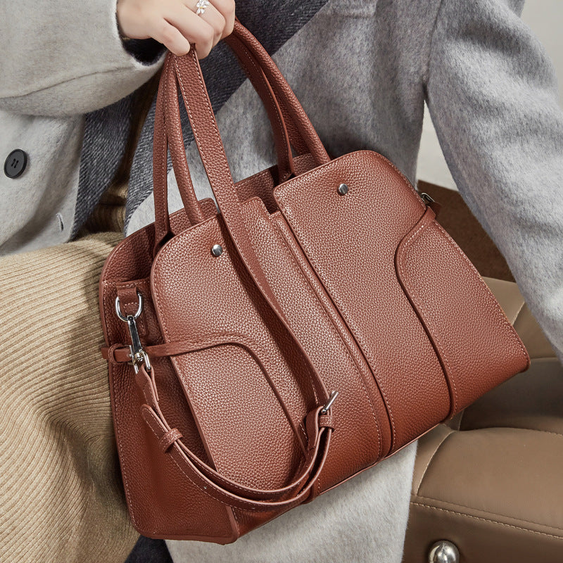 Genuine Leather Top-Handle Crossbody Tote Bag