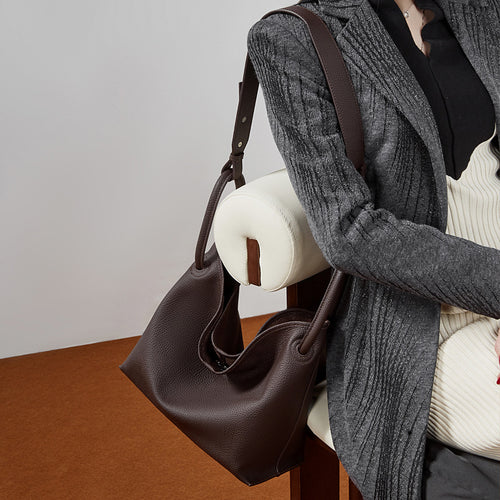 Commuter Genuine Leather Shoulder Crossbody Bucket Handbag