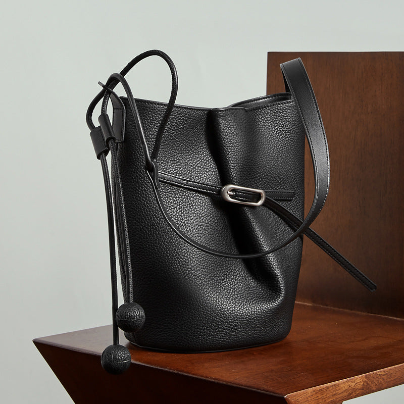 Genuine Leather Shoulder Crossbody Bucket Bag for Work