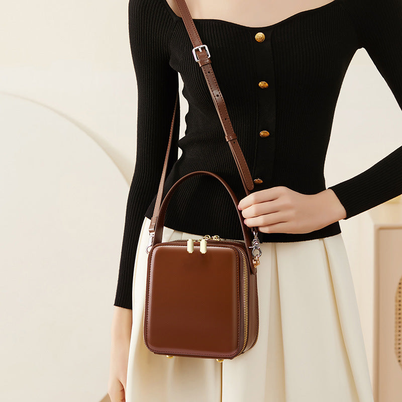 Genuine Leather Top-Handle Crossbody Small Square Bag