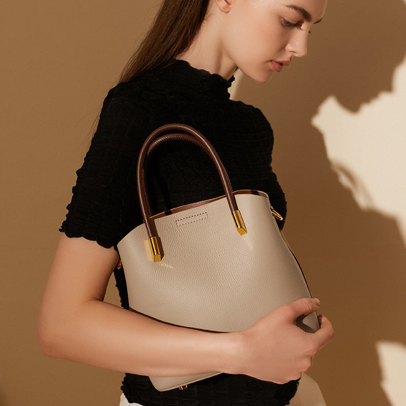 Vintage Genuine Leather Crossbody Bucket Bag With Top Handles