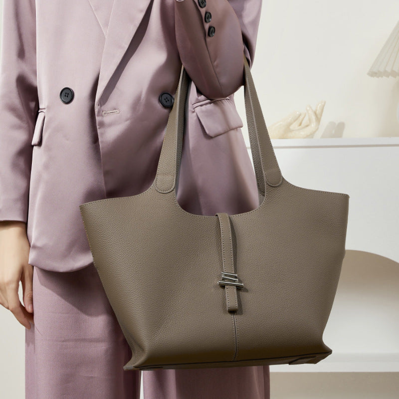 Commuter Genuine Leather Tote Bag With Top Handles And Shoulder Strap