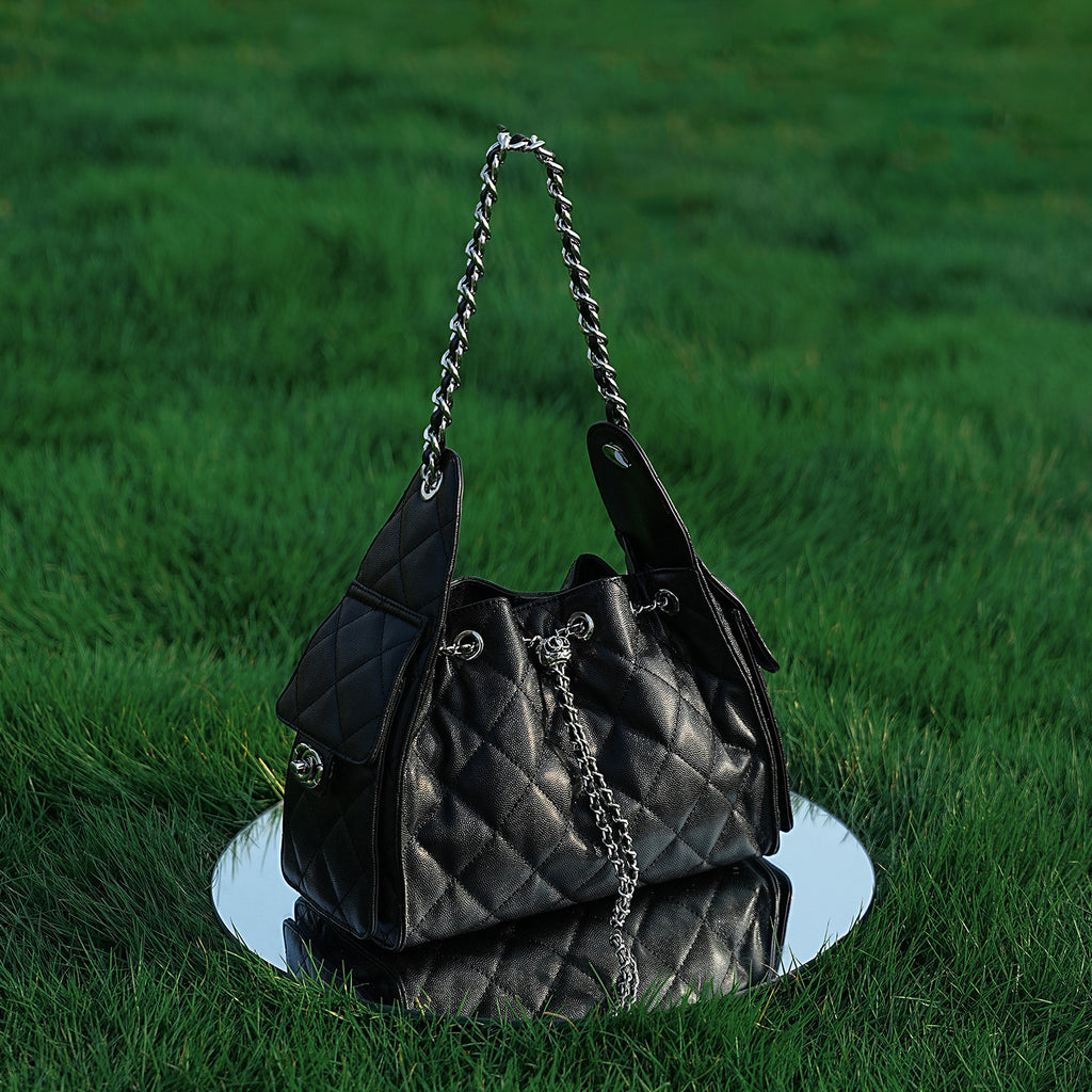 Quilted Genuine Leather Shoulder Bucket Bag
