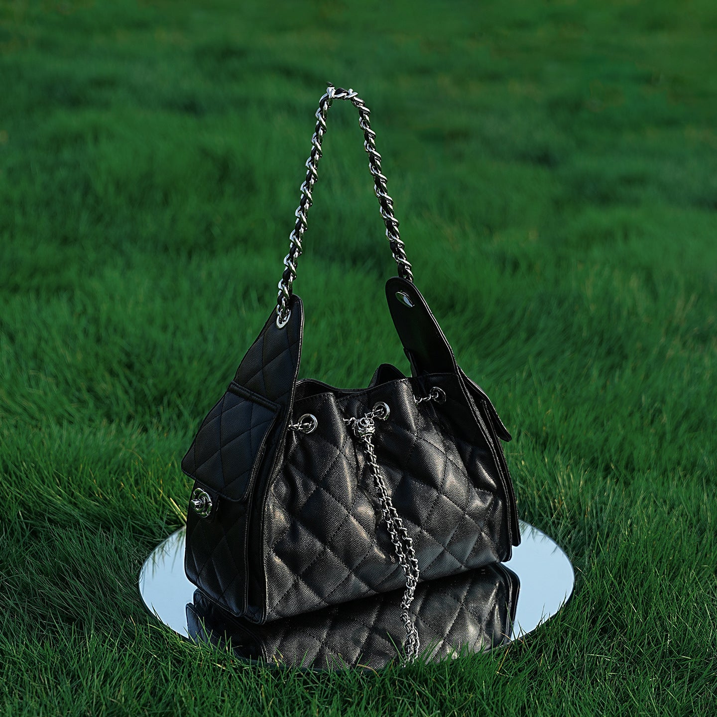 Quilted Genuine Leather Shoulder Bucket Bag