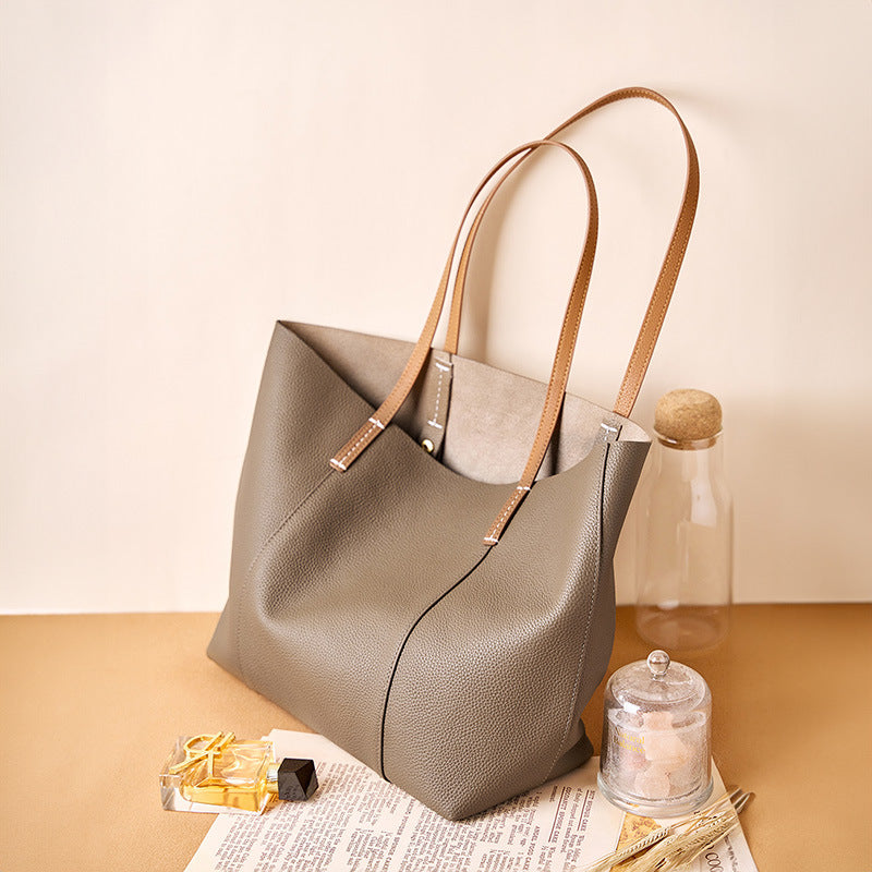 Vintage Genuine Leather Shoulder Tote Bag With Top Handles