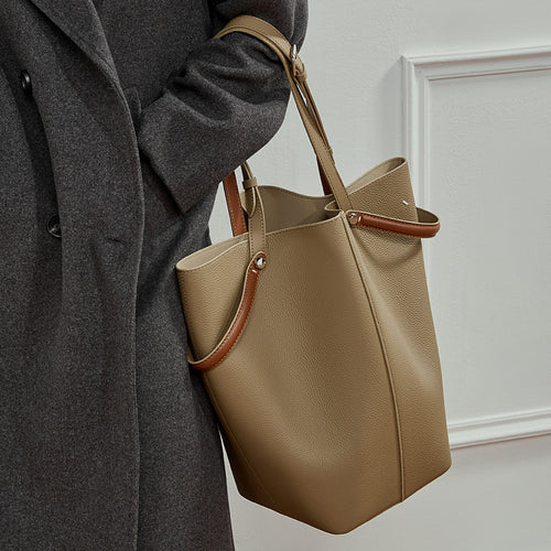 Commuter Genuine Leather Shoulder Top Handle Bucket Bag