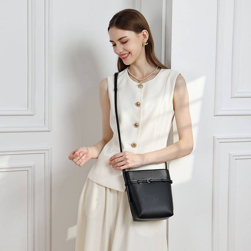 Genuine Leather Crossbody Bucket Bag