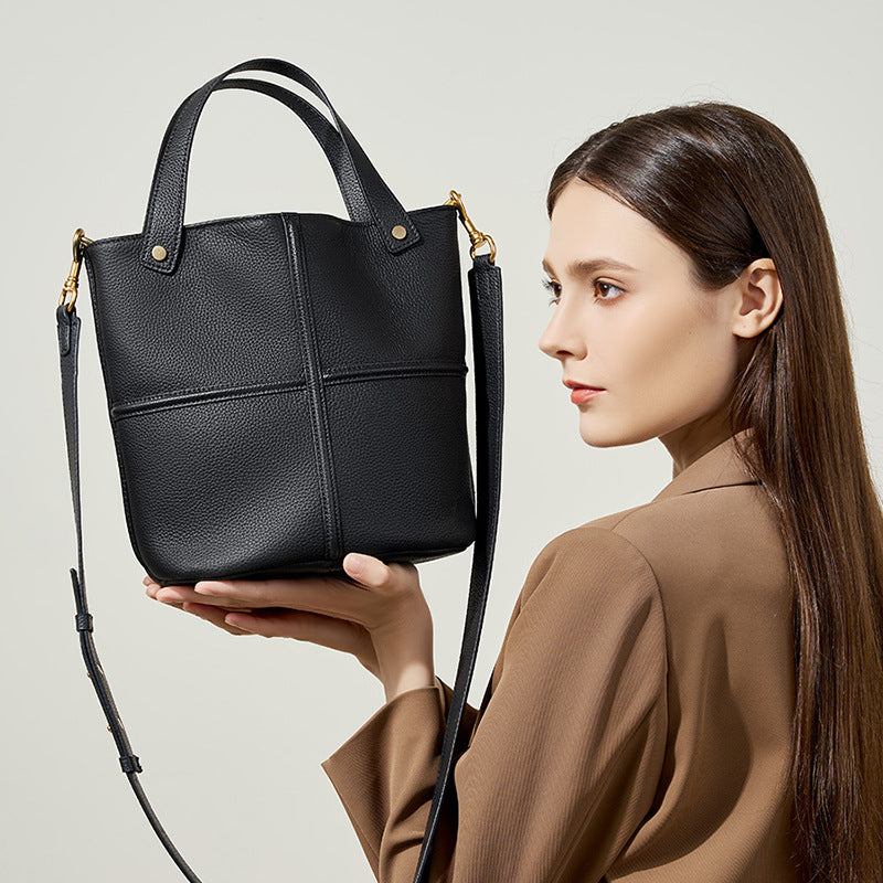 Elegant Genuine Leather Shoulder Crossbody Bucket Bag