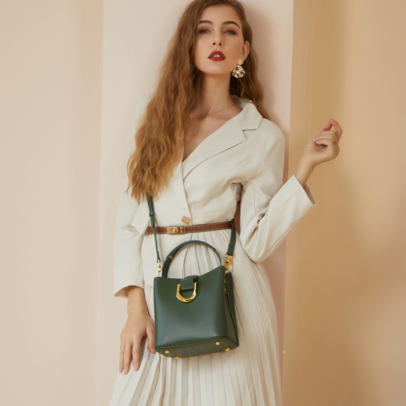 Genuine Leather Crossbody Handheld Bucket Bag