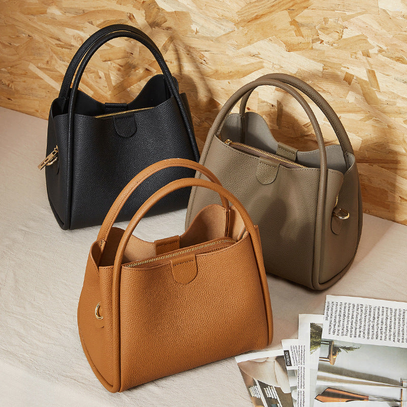 Genuine Leather Top-Handle Crossbody Bucket Bag