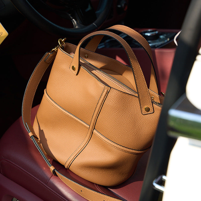Elegant Genuine Leather Shoulder Crossbody Bucket Bag