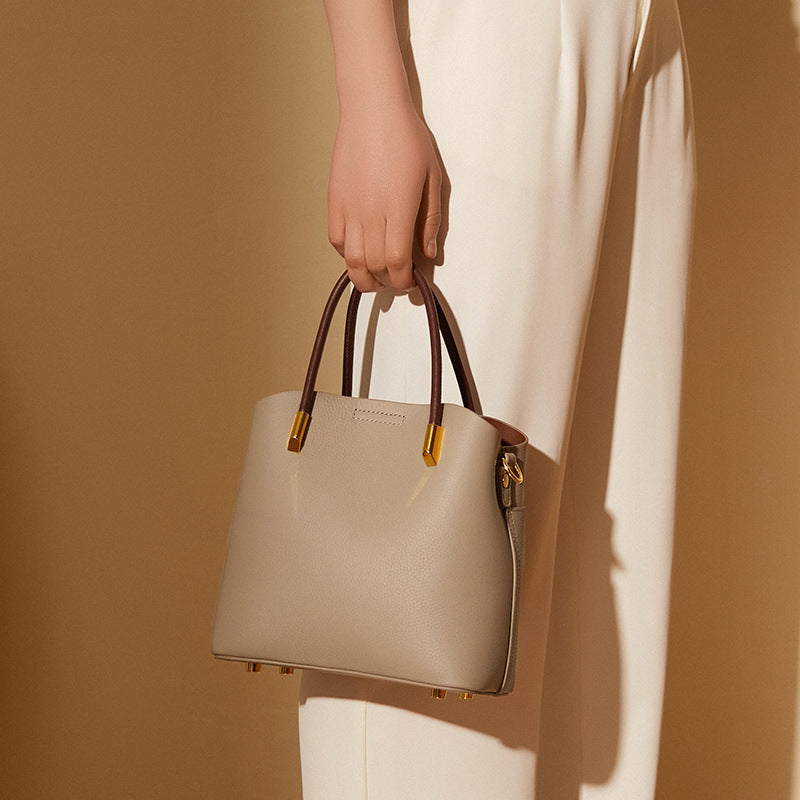 Vintage Genuine Leather Crossbody Bucket Bag With Top Handles
