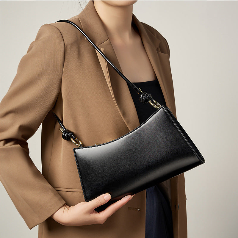 Genuine Leather Top-Handle Underarm Baguette Bag