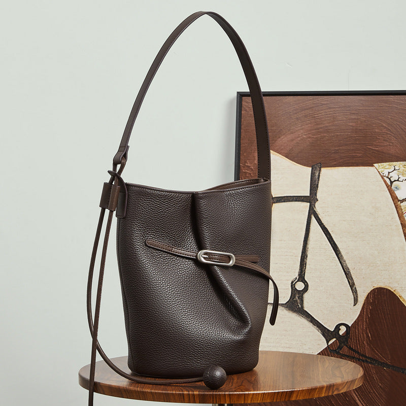 Genuine Leather Shoulder Crossbody Bucket Bag for Work