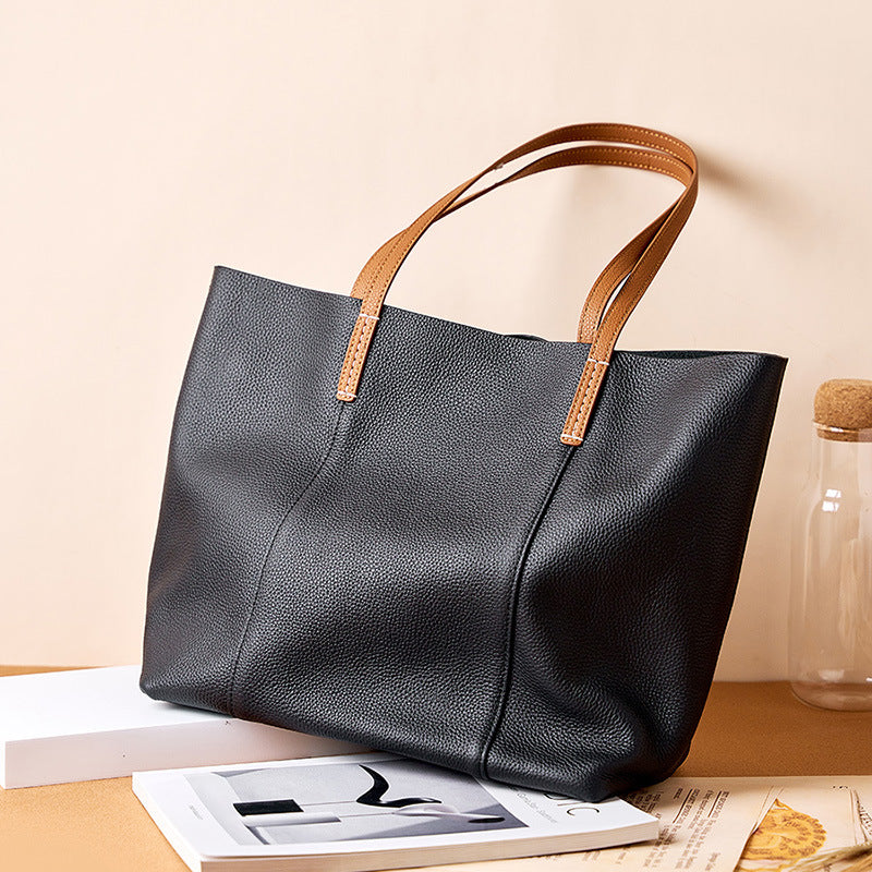 Vintage Genuine Leather Shoulder Tote Bag With Top Handles