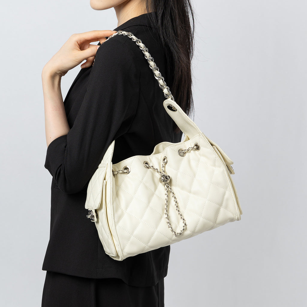 Quilted Genuine Leather Shoulder Bucket Bag