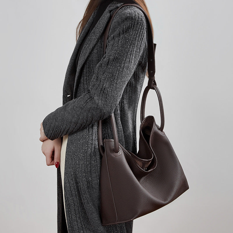 Commuter Genuine Leather Shoulder Crossbody Bucket Handbag