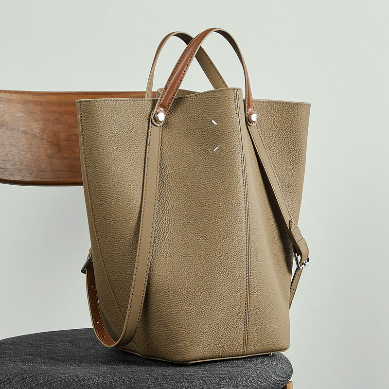 Commuter Genuine Leather Shoulder Top Handle Bucket Bag