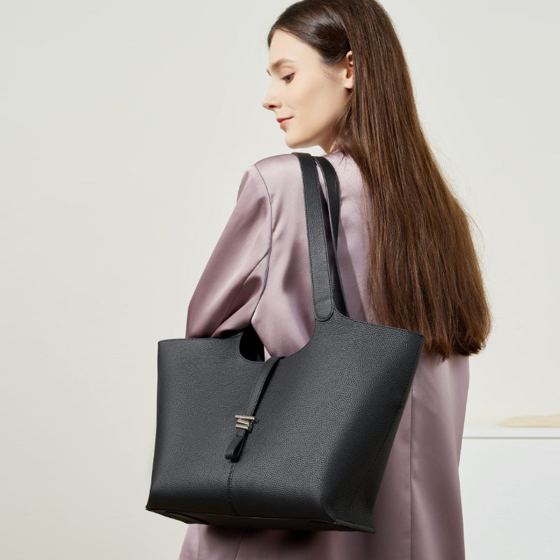 Commuter Genuine Leather Tote Bag With Top Handles And Shoulder Strap