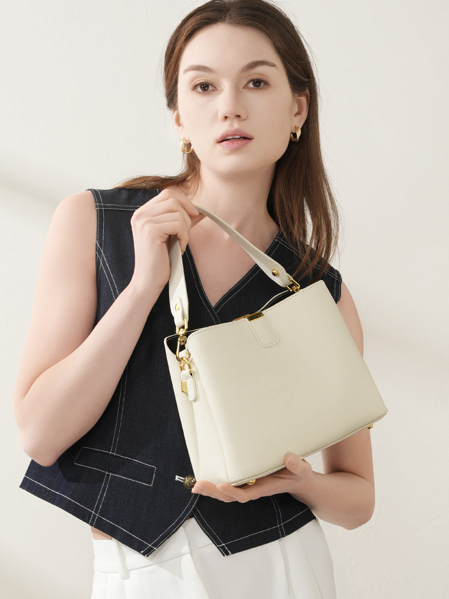 Minimalist Genuine Leather Top Handle Shoulder Crossbody Bucket Bag
