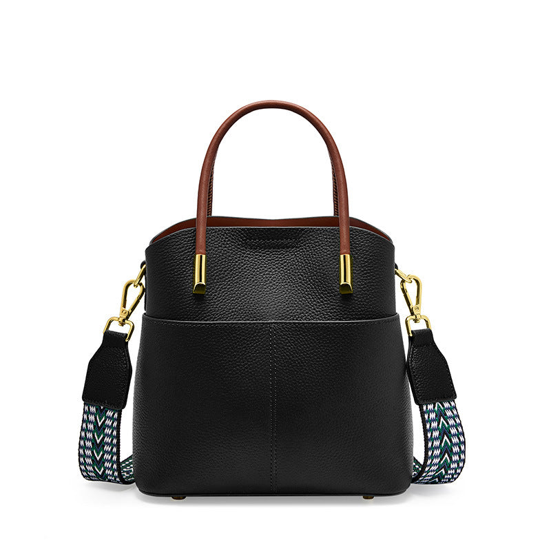 Vintage Genuine Leather Crossbody Bucket Bag With Top Handles