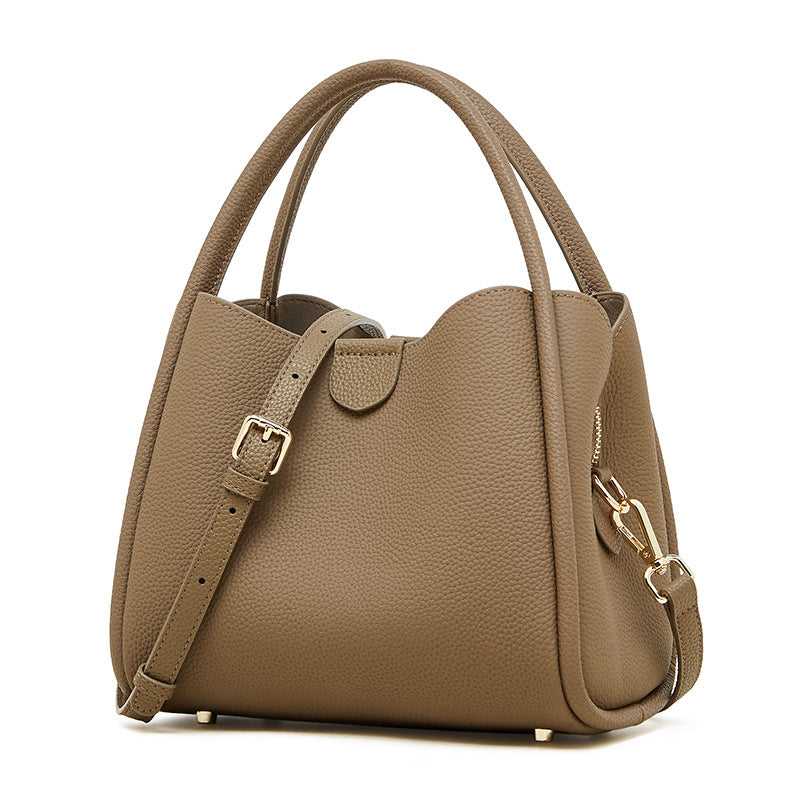 Genuine Leather Top-Handle Crossbody Bucket Bag