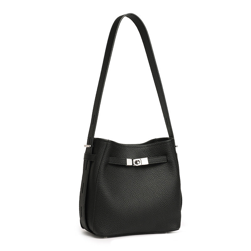 Genuine Leather Top-Handle Crossbody Bucket Bag