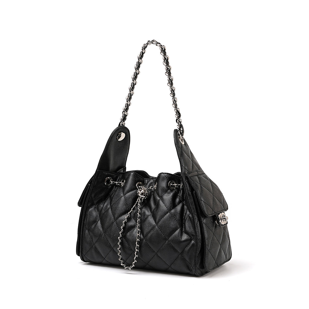 Quilted Genuine Leather Shoulder Bucket Bag