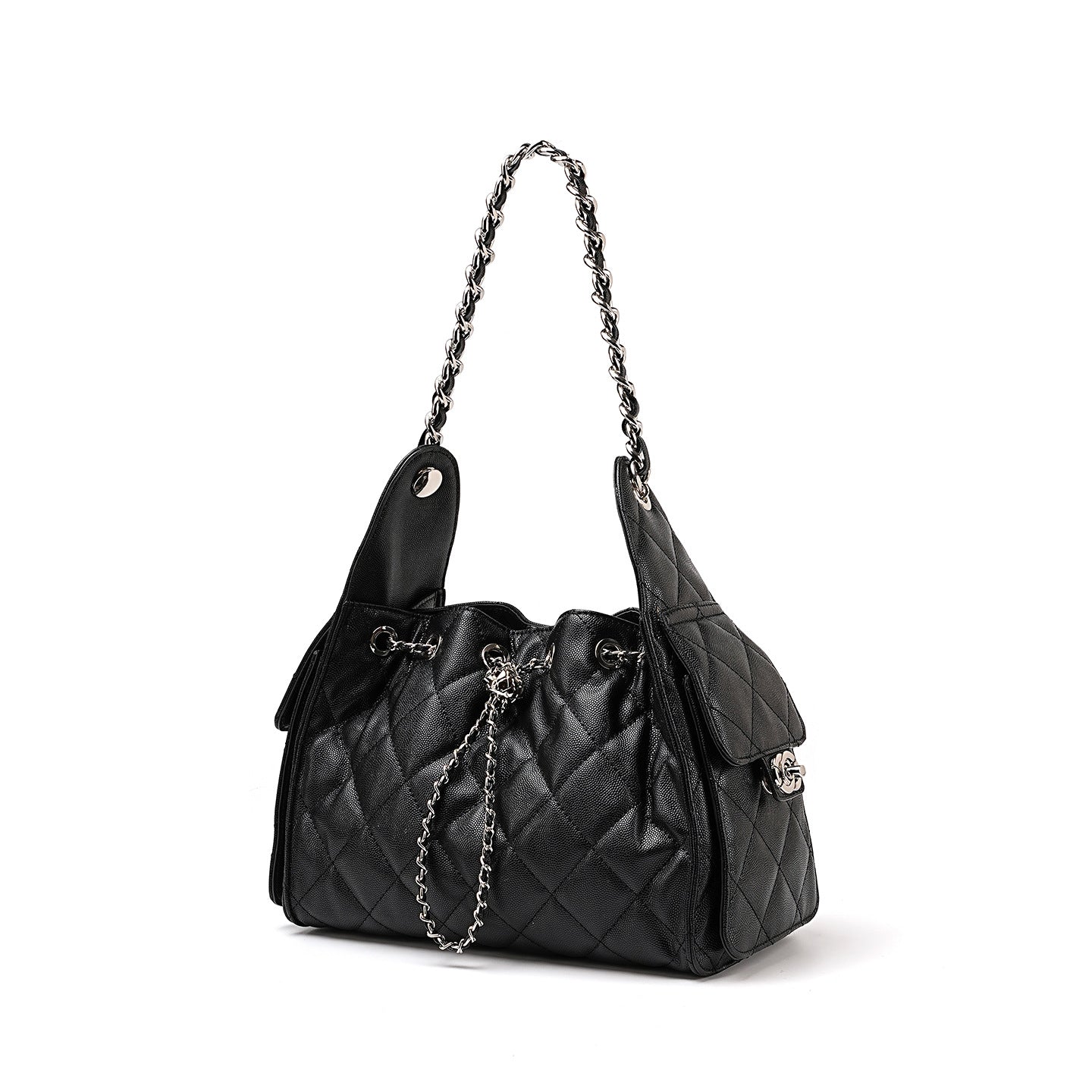 Quilted Genuine Leather Shoulder Bucket Bag