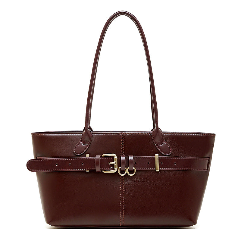 Genuine Leather Buckle Top-Handle Tote Bag